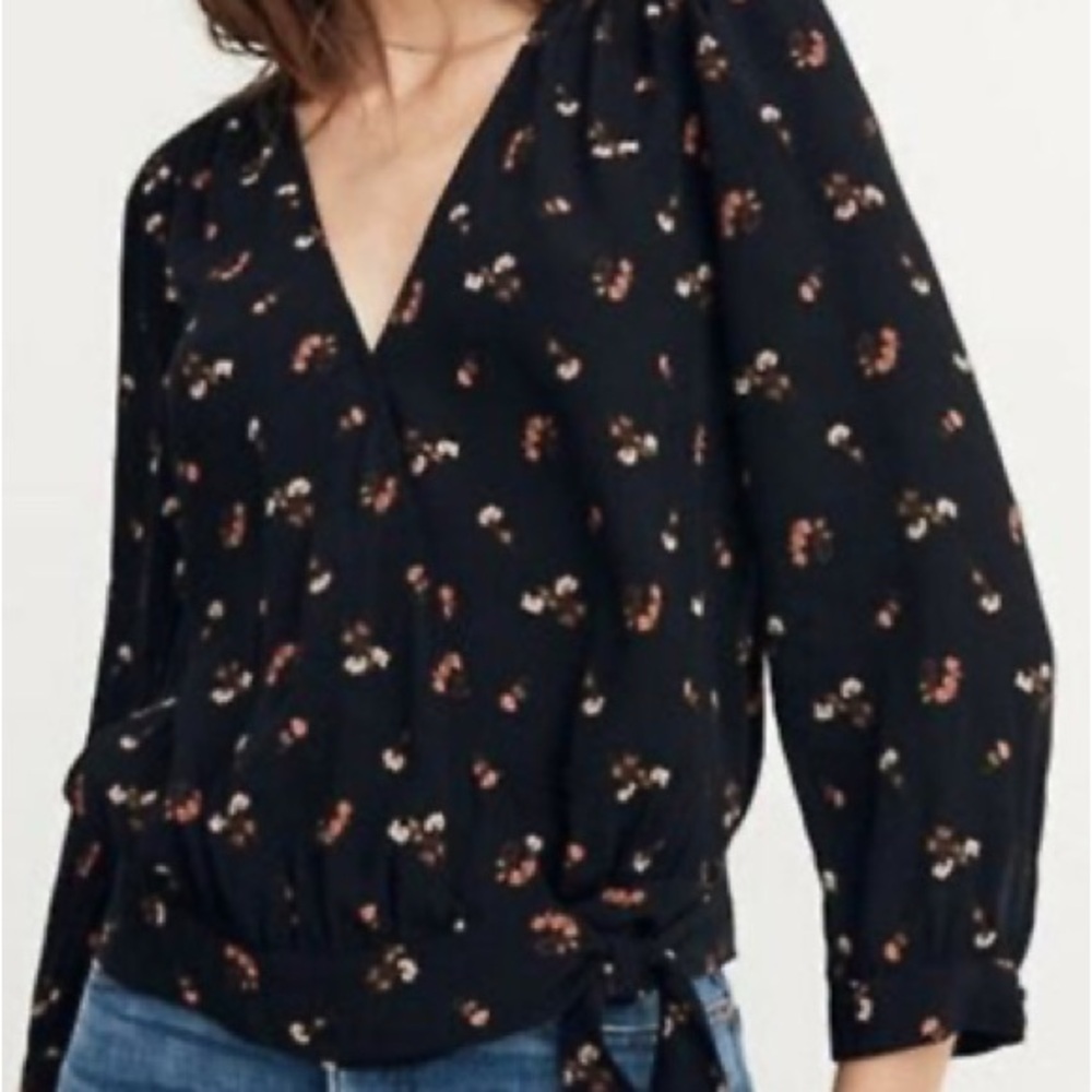 Madewell Black Dainty Floral Faux Wrap Side Tie Top Blouse XS